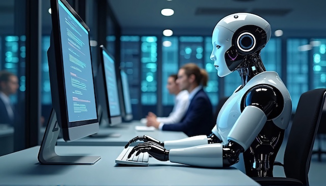 Robots with artificial intelligence operating computers in a contemporary office or data center. In the office, humans and a futuristic robot with artificial intelligence coexist. Business assistance